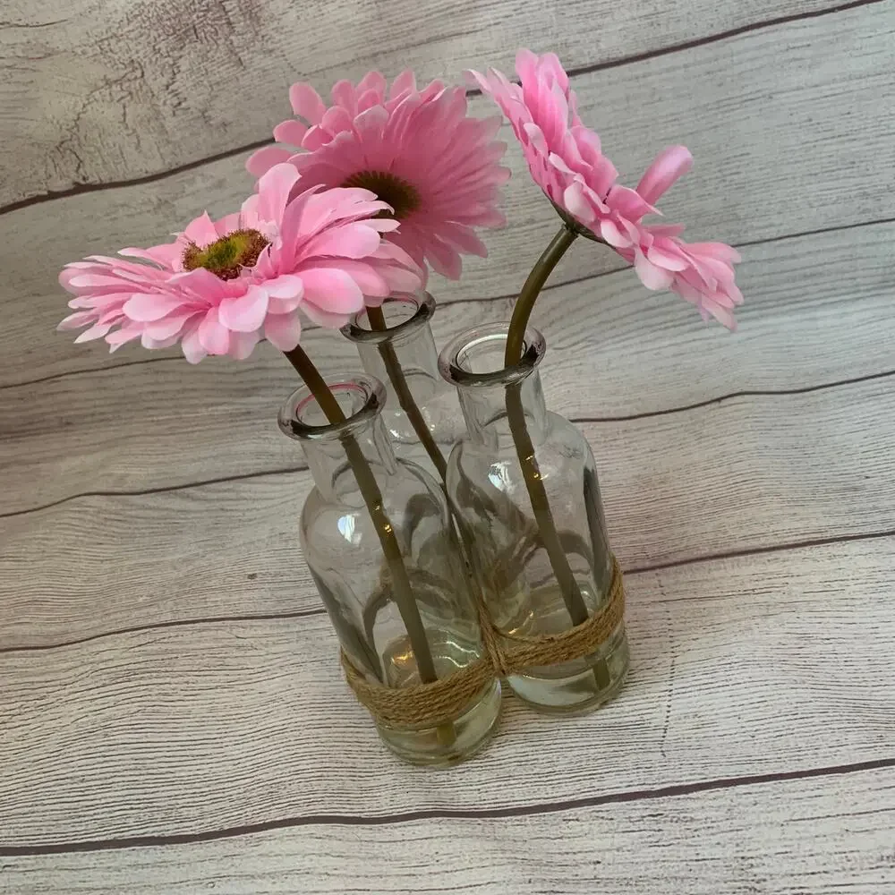 Artificial Pink Gerbera Daisies in Bottles and Twine String Faux Glued Water 9